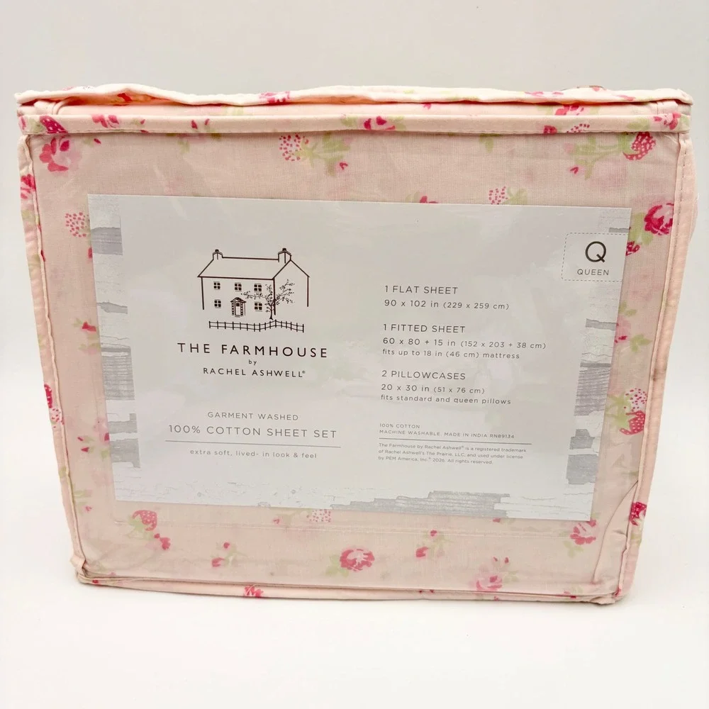 Rachel Ashwell The Farmhouse Queen Sheet‎ Set Pink Floral Strawberry 100% Cotton
